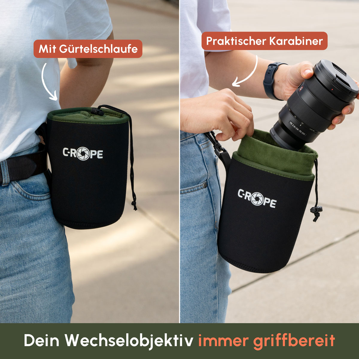 Die Neoprenbeutel für Objektive lassen sich gut am Gürtel oder am Rucksack befestigen und somit flexibel auch an der Hüfte befestigen | C-Rope Kamerazubehör
