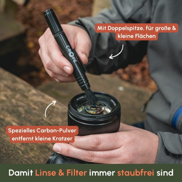 In die Filter-Tasche passt ideal der Kamera Reinigung Stift mit Doppelspitze und Carbon Filter, sodass auch Deine Linse frei von Kratzern ist | C-Rope Kamerazubehör