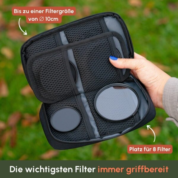 In diese Filtertasche für bis zu acht Filter passen Kameralinsenfilter mit einem Durchmesser von bis zu 10 cm rein | C-Rope Kamerazubehör