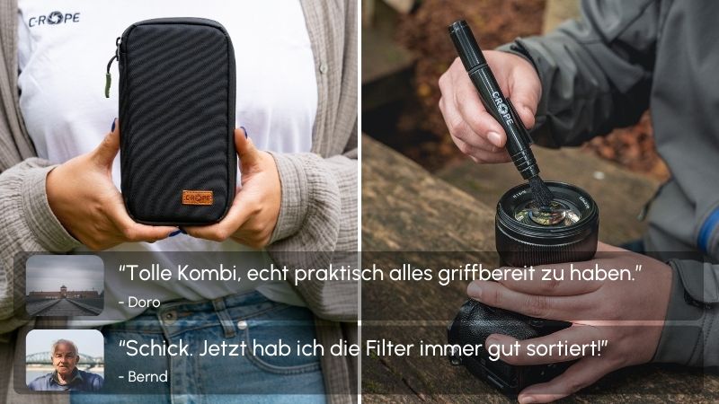 Das Set aus Filtertasche und Reinigungsstift hält sowohl deine Kamera Linse als auch deine Kamera-Filter stets sauber und staubfrei | C-Rope Kamerazubehör