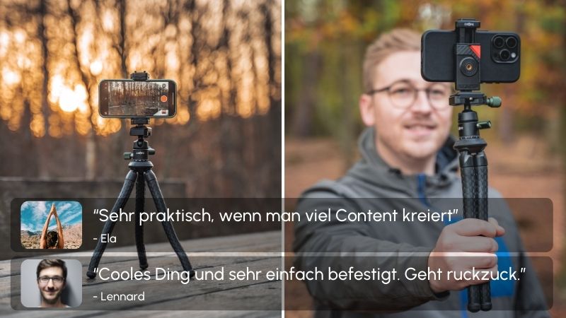 Wenn Du viel Content ohne ein Gimbal Stativ erstellen willst, kannst du das flexible Stativ auch mit der Handy Halterung nutzen um zu Vloggen | C-Rope Kamerazubehör