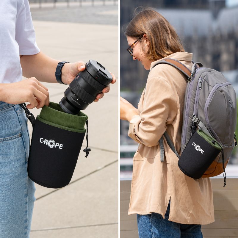 Die Objektivköcher können mit einem Wechselobjektiv an die Hose oder außen an dem Kamerarucksack gehangen werden, sodass die Kamera Objektive sicher und griffbereit sind | C-Rope Kamerazubehör