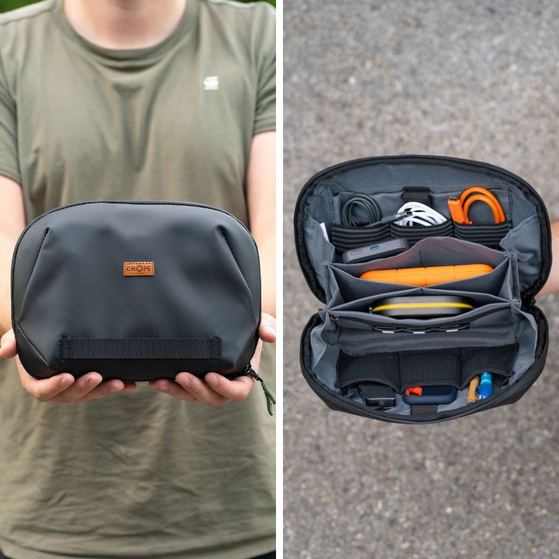 Der USB Kabel Organizer bietet als wasserfeste Zubehörtasche ausreichend Platz für Elektronikzubehör wie Powerbanks, Kabel, Adapter, Akkus, Festplatten, HUBs, Maus, SSD Karten und mehr | C-Rope Kamerazubehör