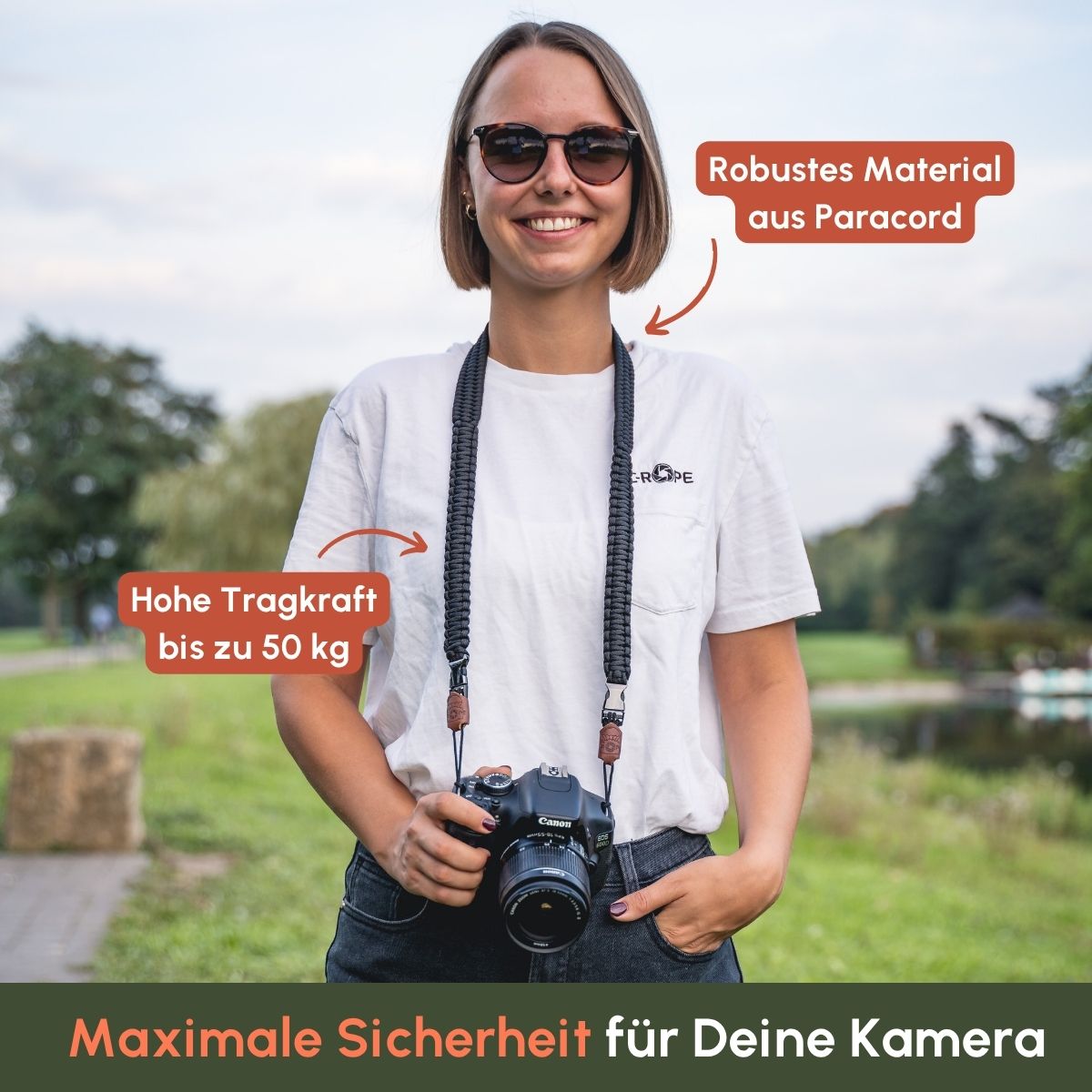 Das Trageband vom Traveler Kameragurt hat durch den Schnellverschluss eine Tragkraft von 40 kg und schneidet auch im Nacken nicht ein | C-Rope Kamerazubehör