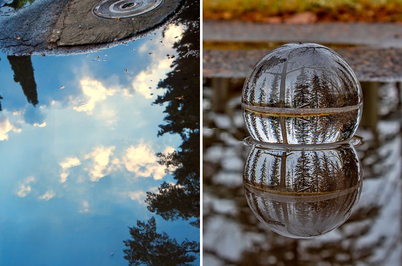 Kreative Pfützenfotografie: Links Himmel und Baum in einer Wasserlache, rechts ein invertiertes Waldbild gespiegelt in einer Glaskugel.